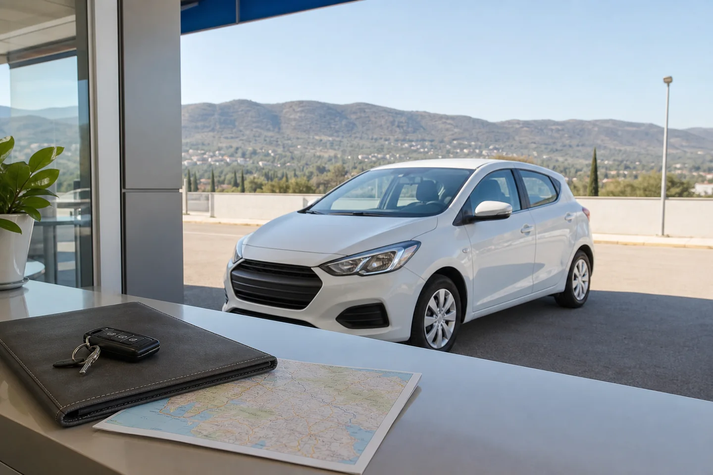 Compact rental car at a Montenegro handover point with keys and a route map