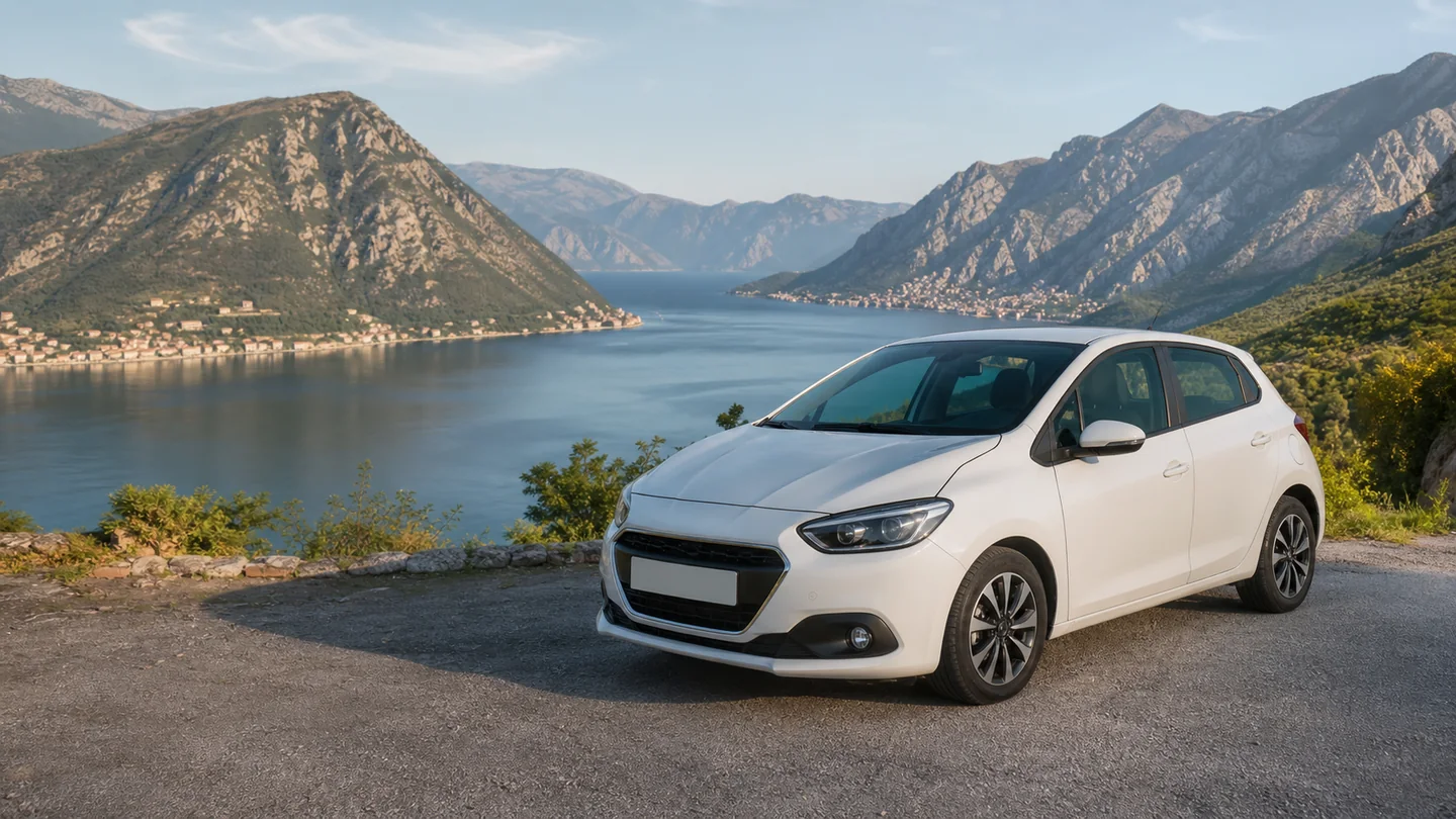 White rental car above the Bay of Kotor illustrating no-deposit car rental in Montenegro