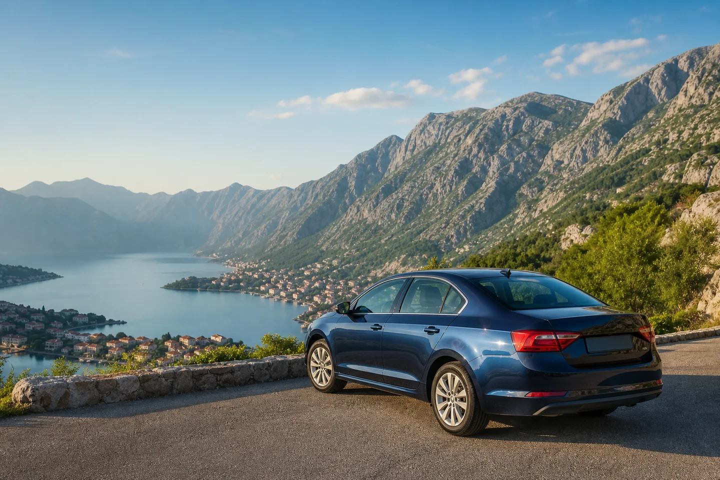 Rental car overlooking the Bay of Kotor for a complete Montenegro car rental guide