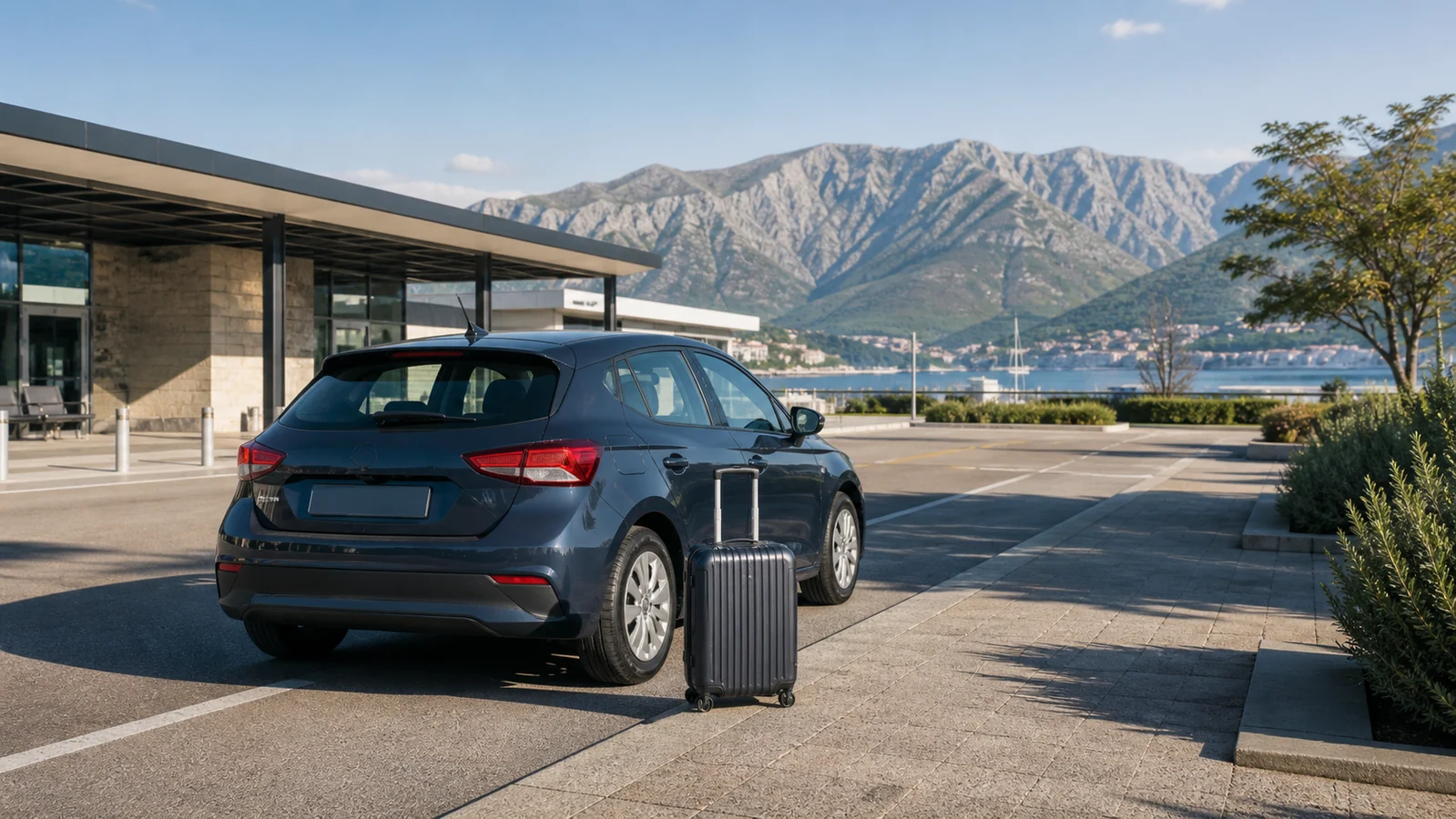 Rental car and suitcase ready for airport pickup near the Bay of Kotor in Montenegro