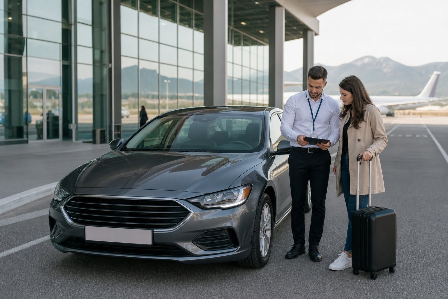 Airport delivery of a rental car beside an aircraft in Montenegro