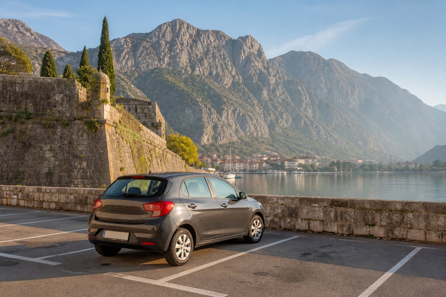 Rental car overlooking Kotor Bay near the historic town