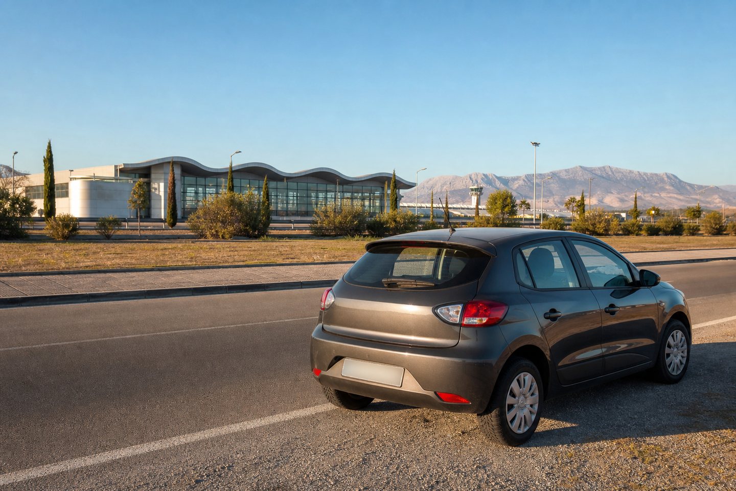 Rental car ready for pickup outside Podgorica Airport terminal in Montenegro